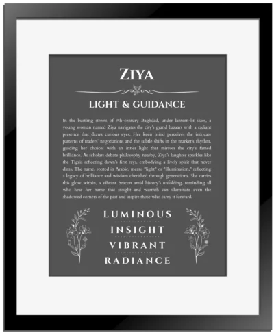Ziya custom name art showing meaning and origin in gray with black matte frame