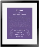 Ziyah custom name meaning print in purple with black matte frame