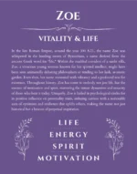 Zoe name origin print with meaning and traits in purple