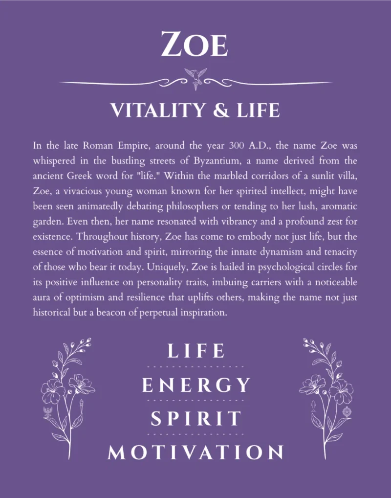 Zoe name origin print with meaning and traits in purple