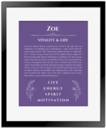Zoe name origin print with meaning and traits in purple with black matte frame
