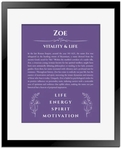 Zoe name origin print with meaning and traits in purple with black matte frame