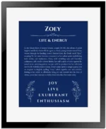 Zoey personalized name print with origin and traits in deep blue with black matte frame