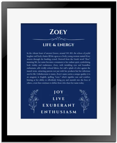 Zoey personalized name print with origin and traits in deep blue with black matte frame