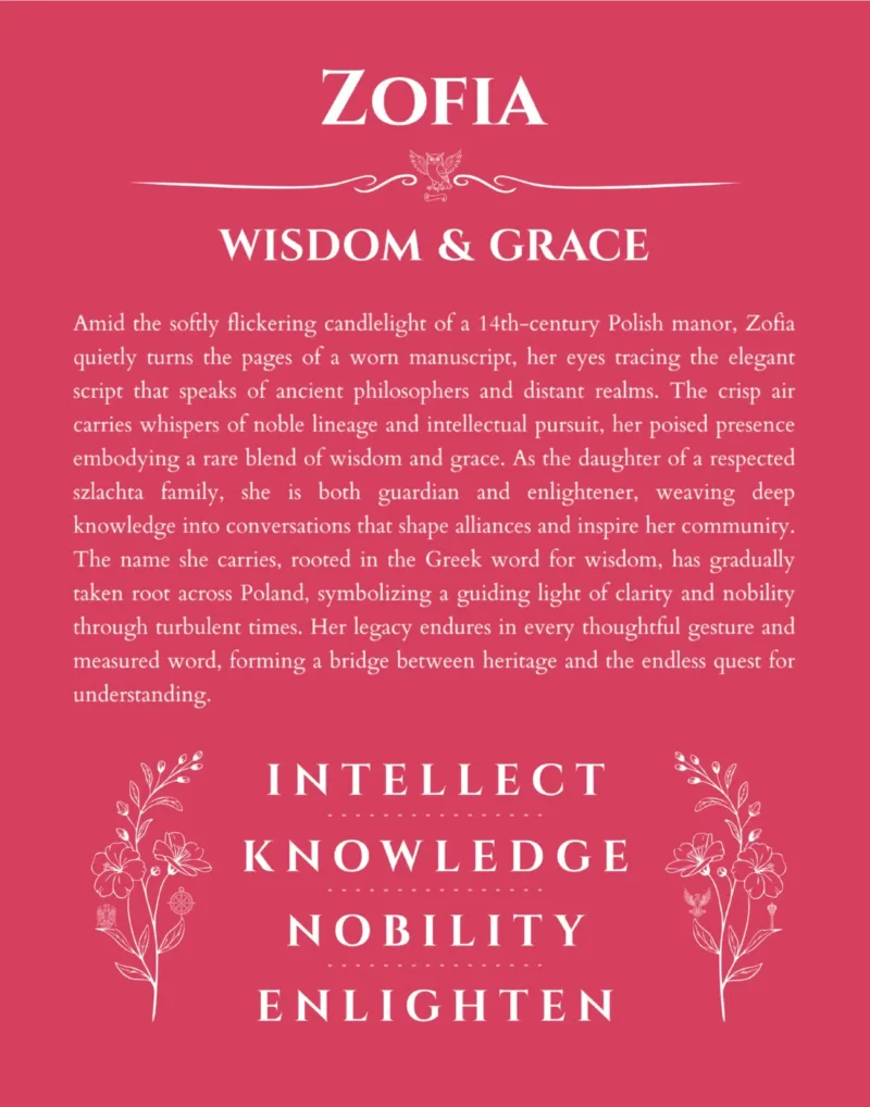 Zofia name origin print with meaning and traits in red