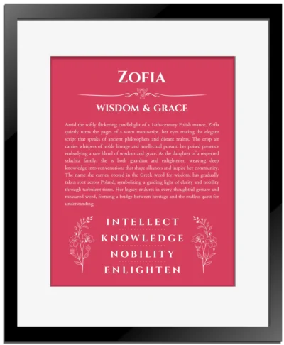 Zofia name origin print with meaning and traits in red with black matte frame