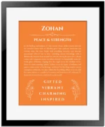 Zohan personalized wall art with the story of your name in orange with black matte frame