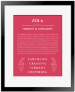 Zola personalized wall art with the story of your name in red with black matte frame