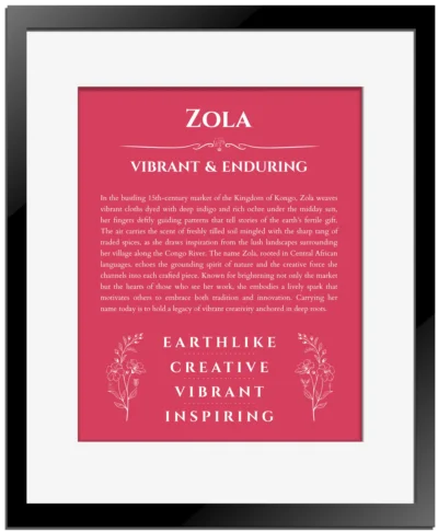 Zola personalized wall art with the story of your name in red with black matte frame