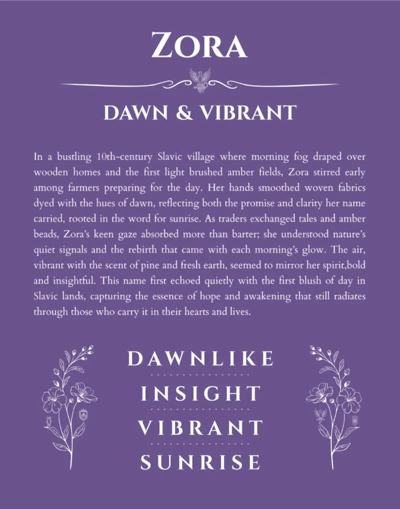 Zora personalized name art with origin story in purple