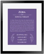 Zora personalized name art with origin story in purple with black matte frame