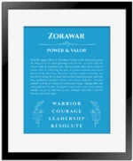 Zorawar personalized name art with origin story in blue with black matte frame