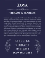 Zoya custom name art showing meaning and origin in navy blue