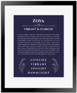 Zoya custom name art showing meaning and origin in navy blue with black matte frame