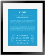 Zuko personalized name print with origin and traits in blue with black matte frame