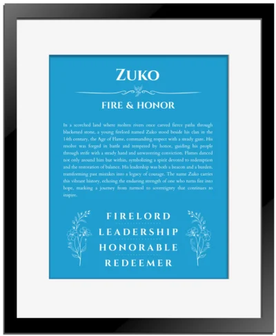 Zuko personalized name print with origin and traits in blue with black matte frame