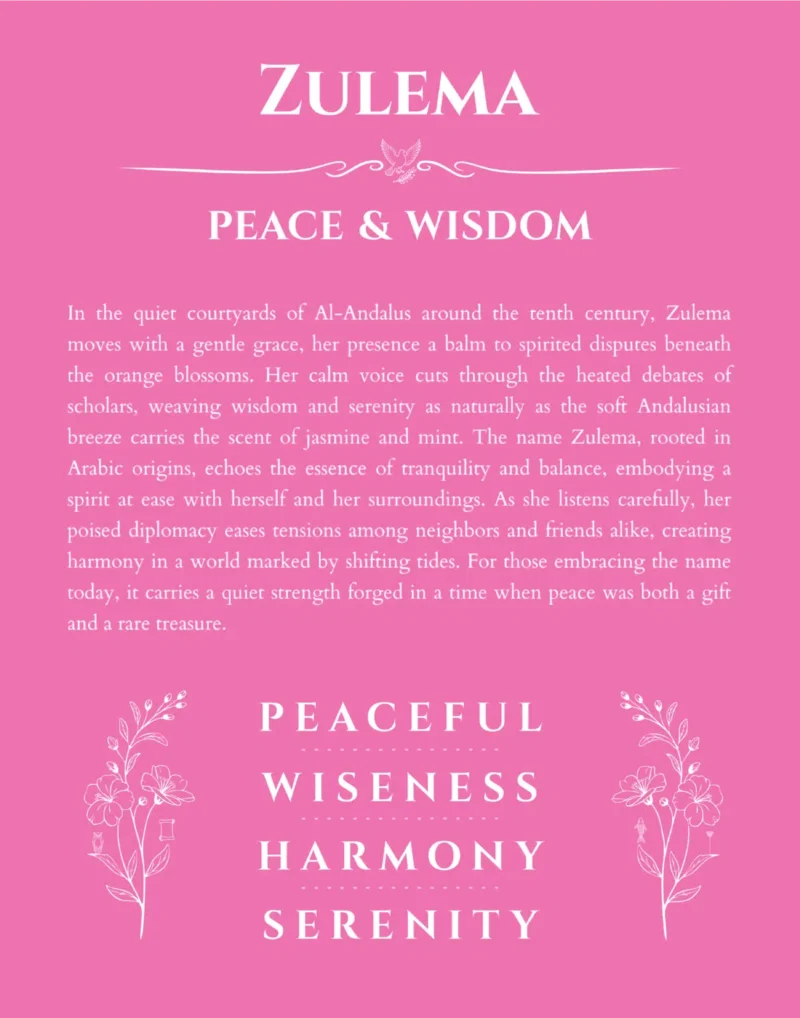 Zulema custom name art showing meaning and origin in pink