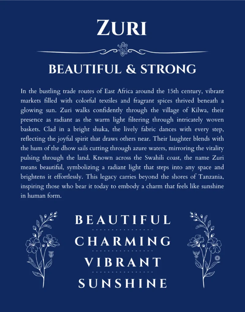 Zuri personalized name print with origin and traits in deep blue