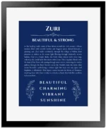 Zuri personalized name print with origin and traits in deep blue with black matte frame