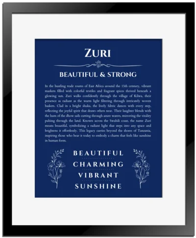 Zuri personalized name print with origin and traits in deep blue with black matte frame