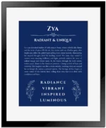 Zya name meaning gift print in deep blue with black matte frame