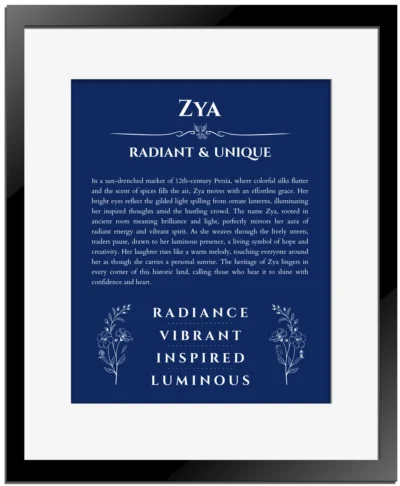 Zya name meaning gift print in deep blue with black matte frame