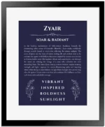 Zyair name meaning wall art by Get Your Story in navy blue with black matte frame