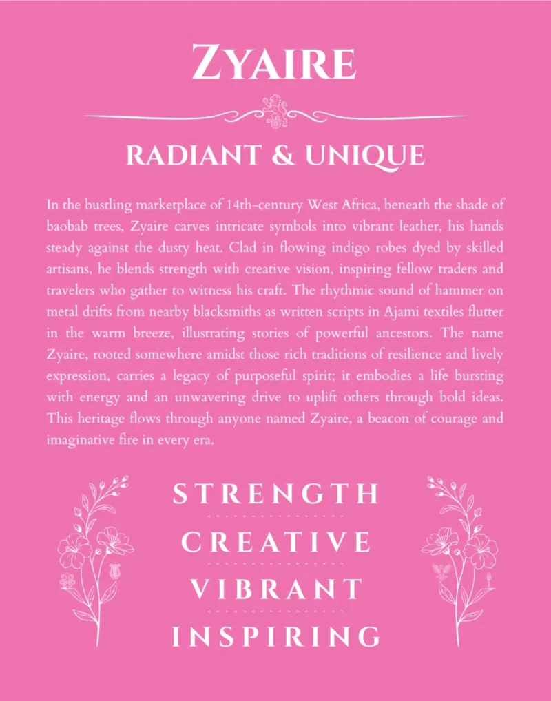 Zyaire custom name art showing meaning and origin in pink