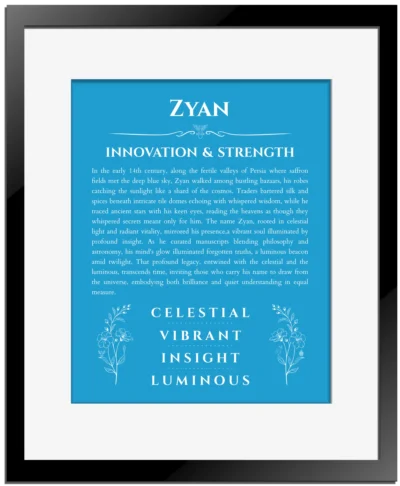 Zyan name meaning wall art by Get Your Story in blue with black matte frame