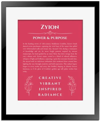 Zyion custom name print for wall display in red with black matte frame