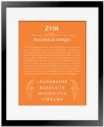 Zyir custom name meaning print in orange with black matte frame
