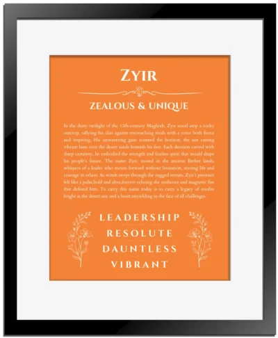 Zyir custom name meaning print in orange with black matte frame