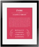 Zyire custom name art showing meaning and origin in red with black matte frame