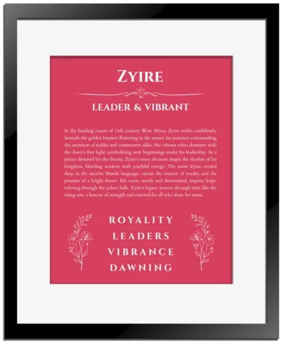 Zyire custom name art showing meaning and origin in red with black matte frame