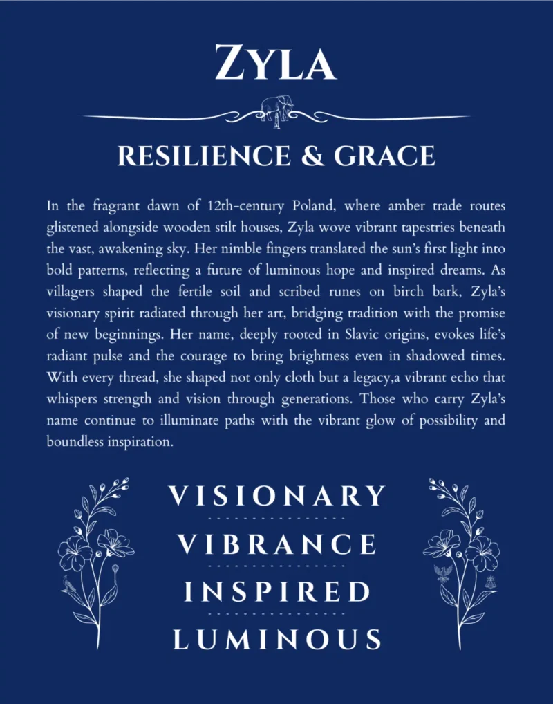 Zyla name origin print with meaning and traits in deep blue