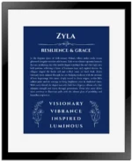 Zyla name origin print with meaning and traits in deep blue with black matte frame