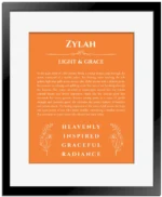 Zylah name meaning gift print in orange with black matte frame