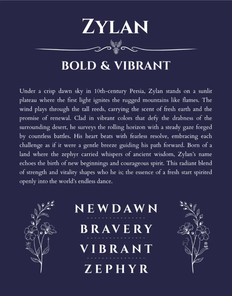 Zylan name origin print with meaning and traits in navy blue