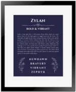 Zylan name origin print with meaning and traits in navy blue with black matte frame