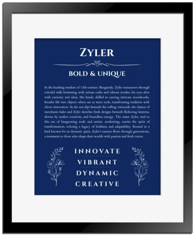 Zyler personalized name meaning print in deep blue with black matte frame