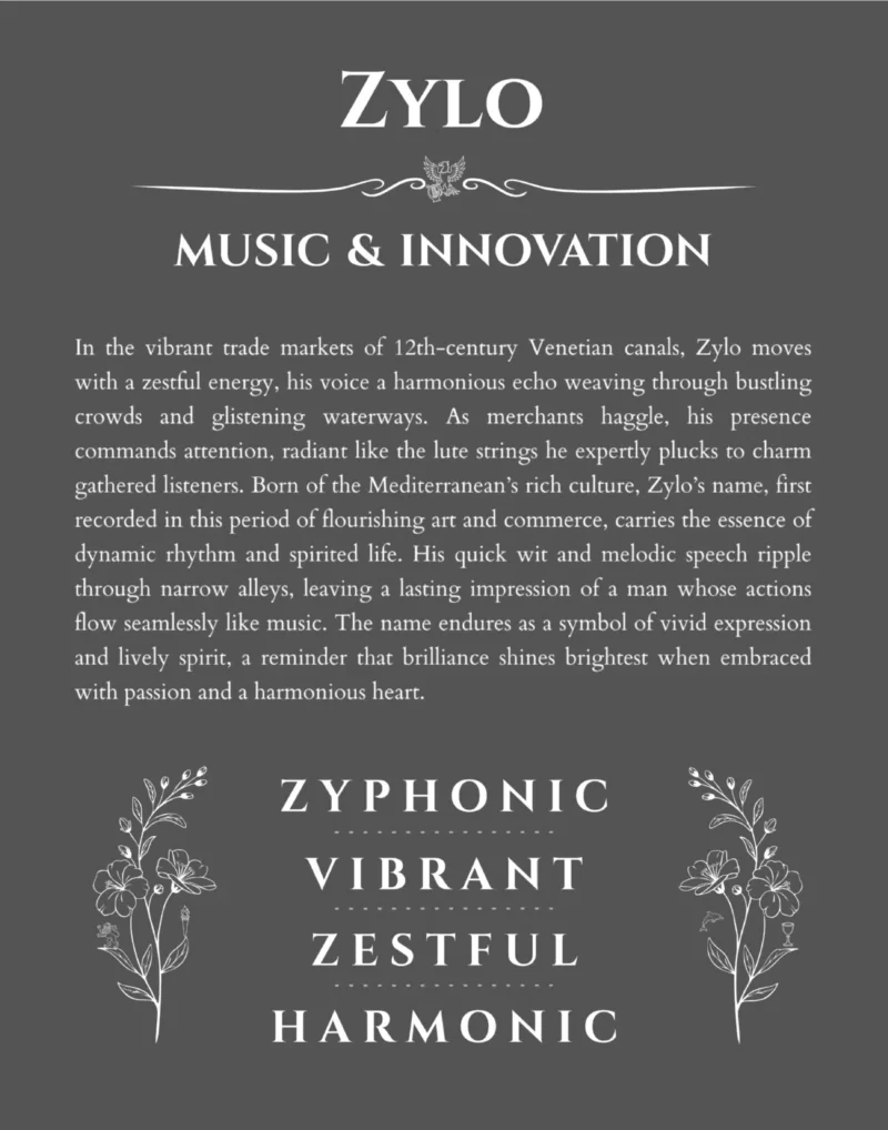 Zylo name origin print with meaning and traits in gray