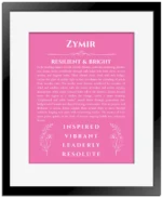 Zymir personalized name print with origin and traits in pink with black matte frame