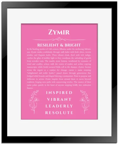 Zymir personalized name print with origin and traits in pink with black matte frame