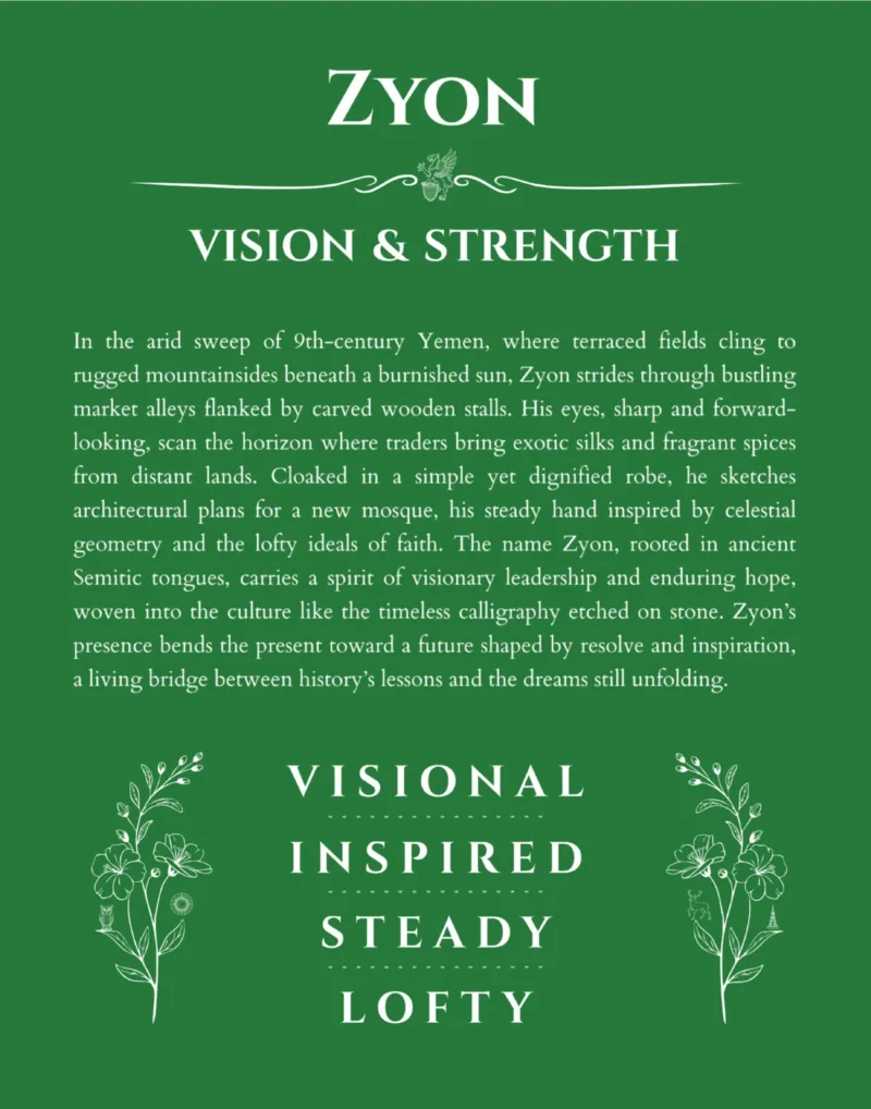 Zyon name origin print with meaning and traits in dark green