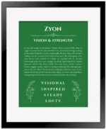 Zyon name origin print with meaning and traits in dark green with black matte frame