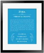 Zyra custom name art showing meaning and origin in blue with black matte frame