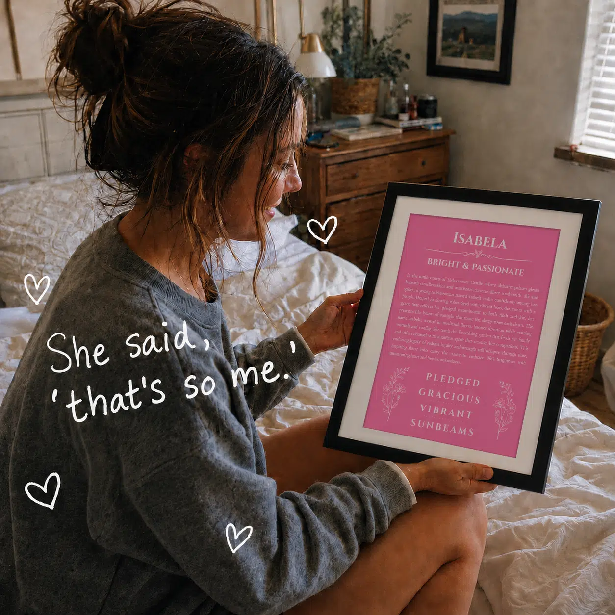 Woman reading a personalized name meaning print and recognizing herself in the story and traits