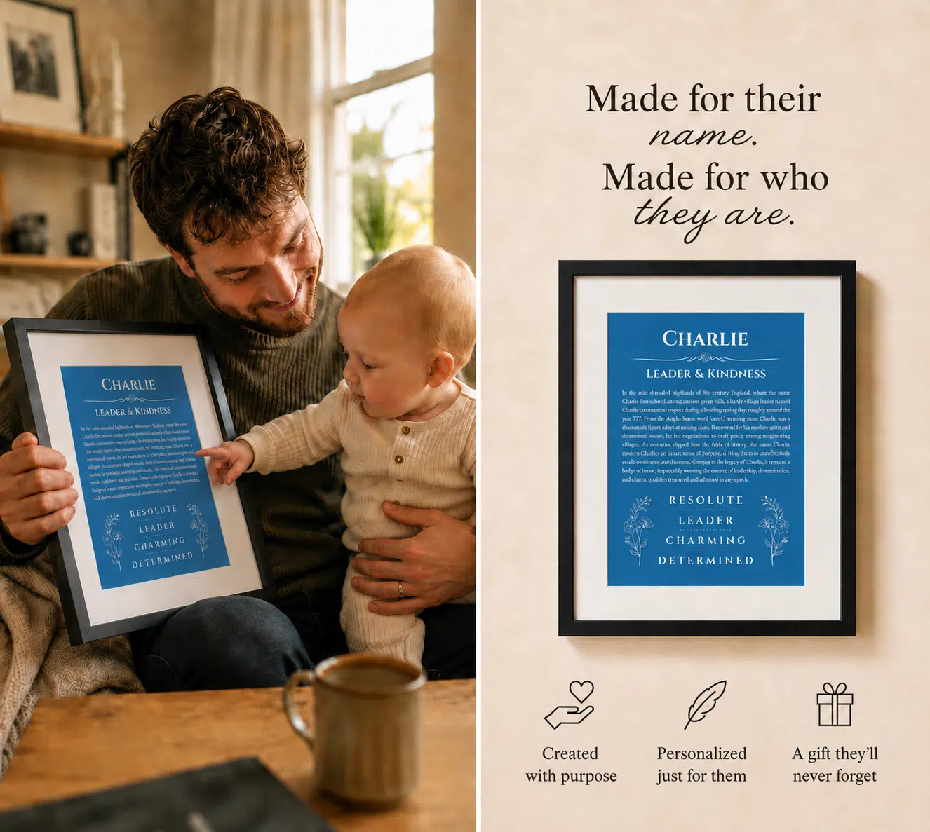 Personalized name meaning print shown as a meaningful gift and nursery wall display
