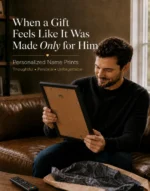 Man smiling while receiving a personalized name meaning print as a thoughtful gift