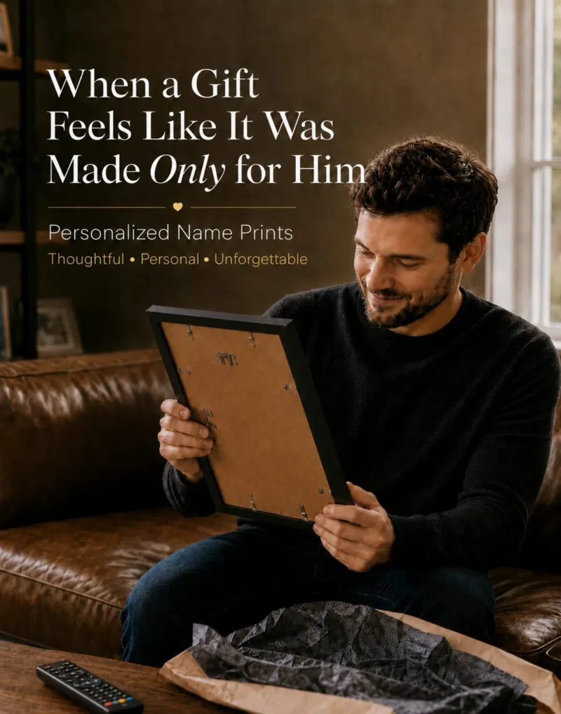 Man smiling while receiving a personalized name meaning print as a thoughtful gift